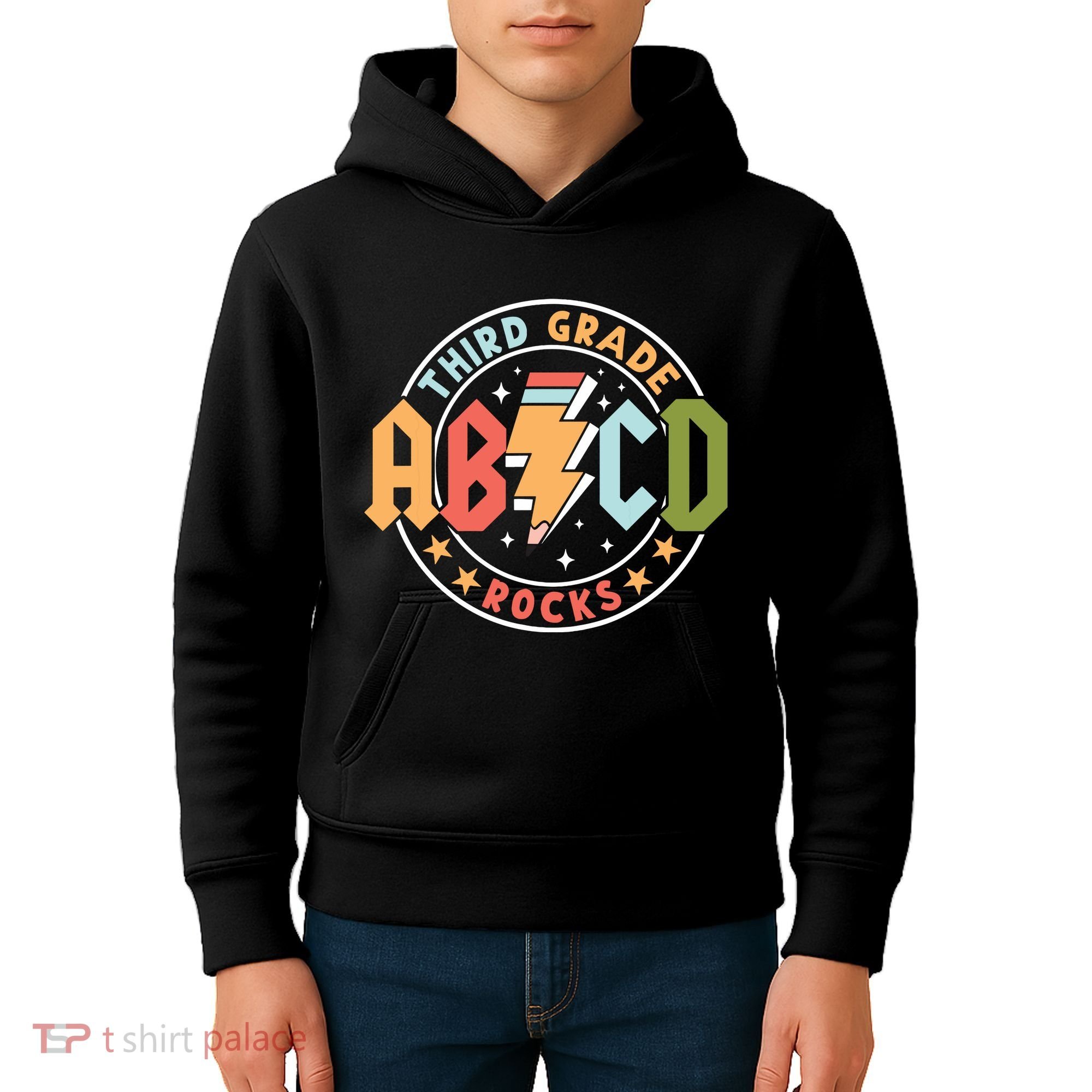Abcd 3rd Grade Rocks Pencil Lightning Teachers Rock Kids Hoodie
