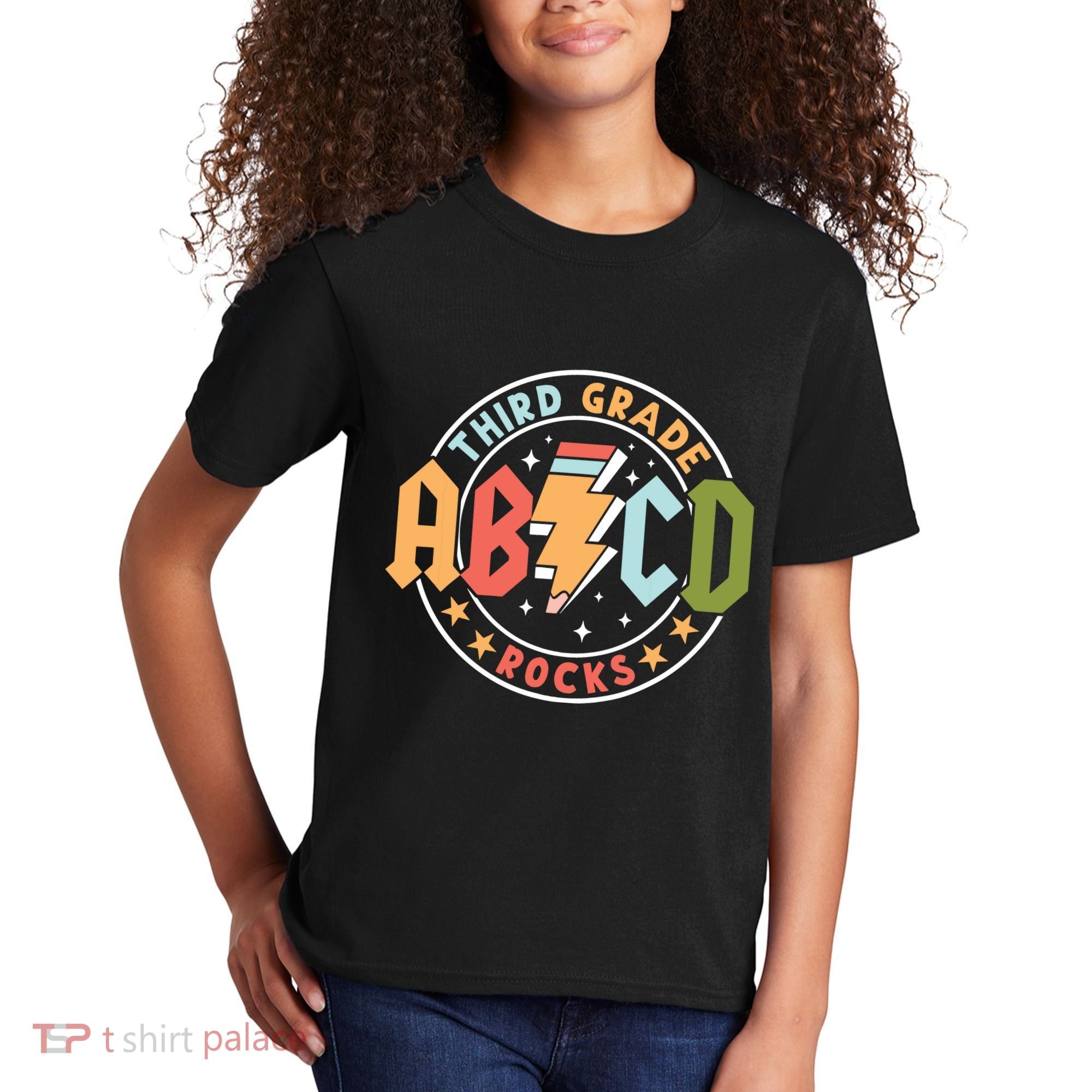 Abcd 3rd Grade Rocks Pencil Lightning Teachers Rock Kids T-Shirt