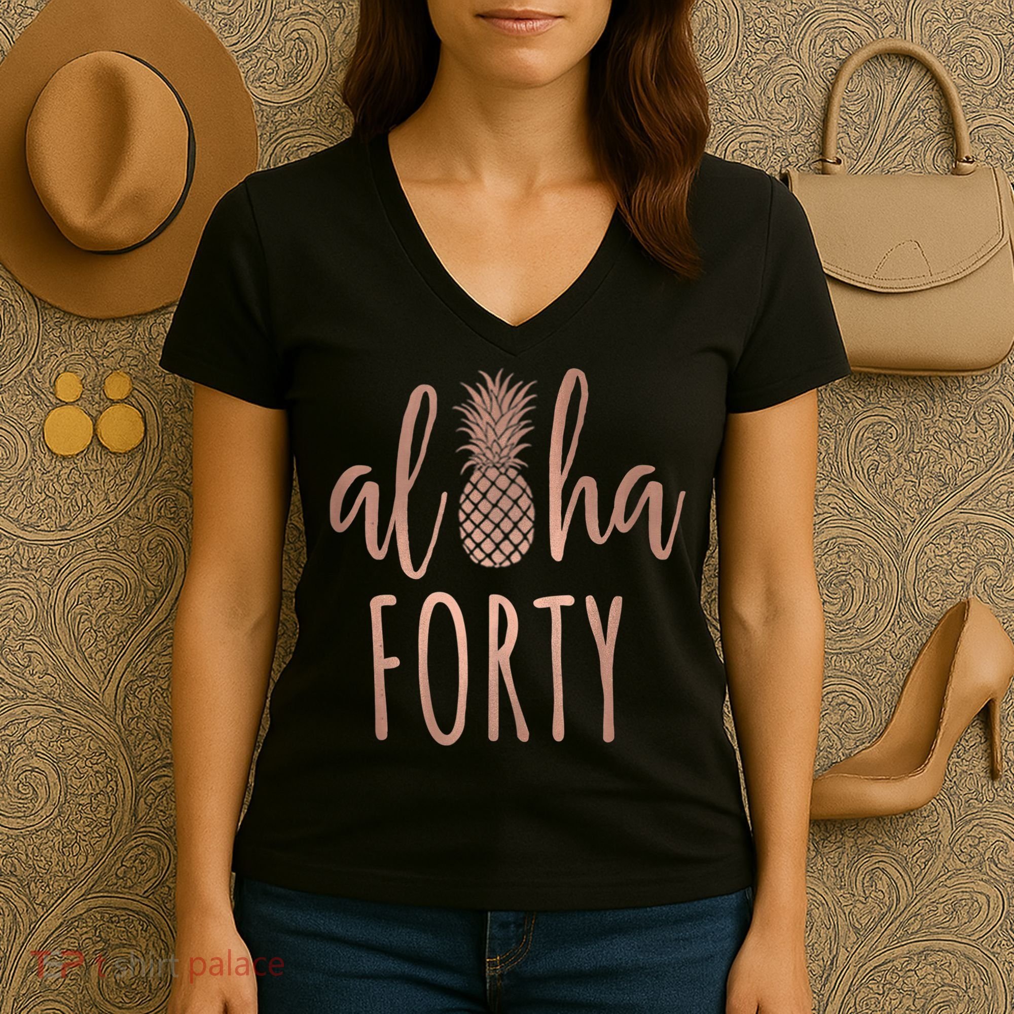 Aloha 40 Forty ~ Happy Birthday 40th Gift for Her Women's V-Neck T-Shirt