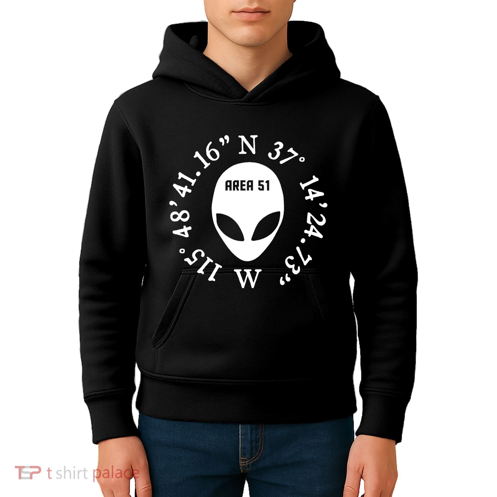 Area 51 Coordinates Ufo Alien Funny Kids Hoodie