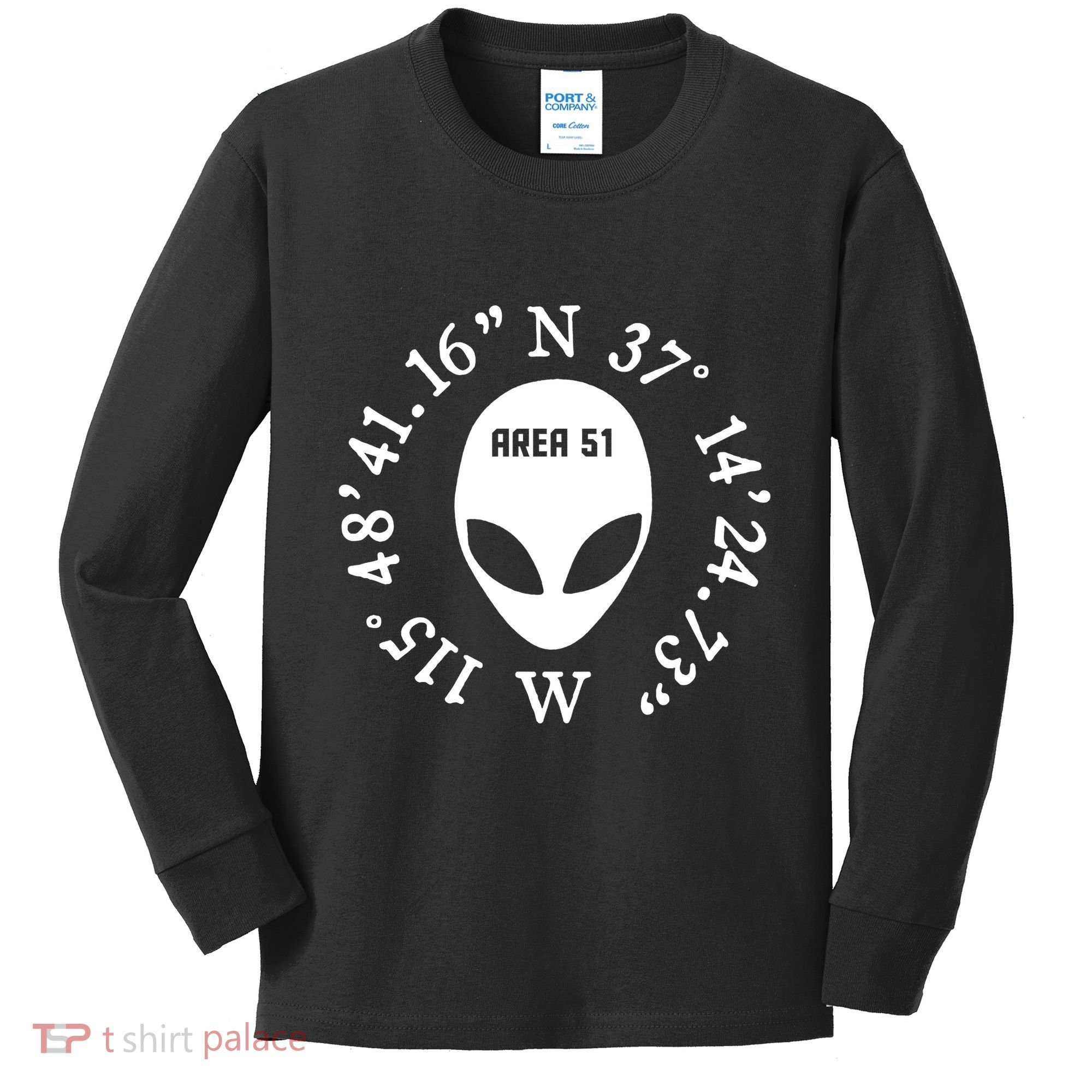 Area 51 Coordinates Ufo Alien Funny Kids Long Sleeve Shirt