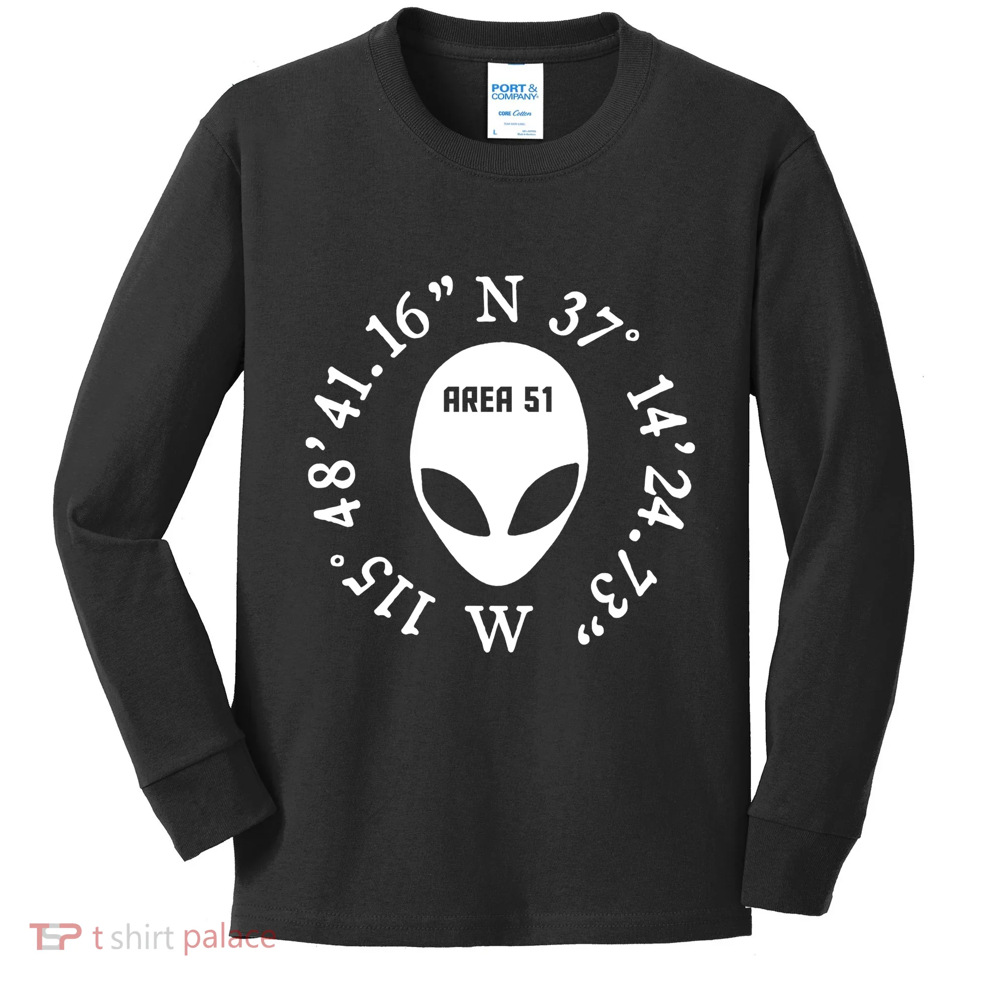 Area 51 Coordinates Ufo Alien Funny Kids Long Sleeve Shirt