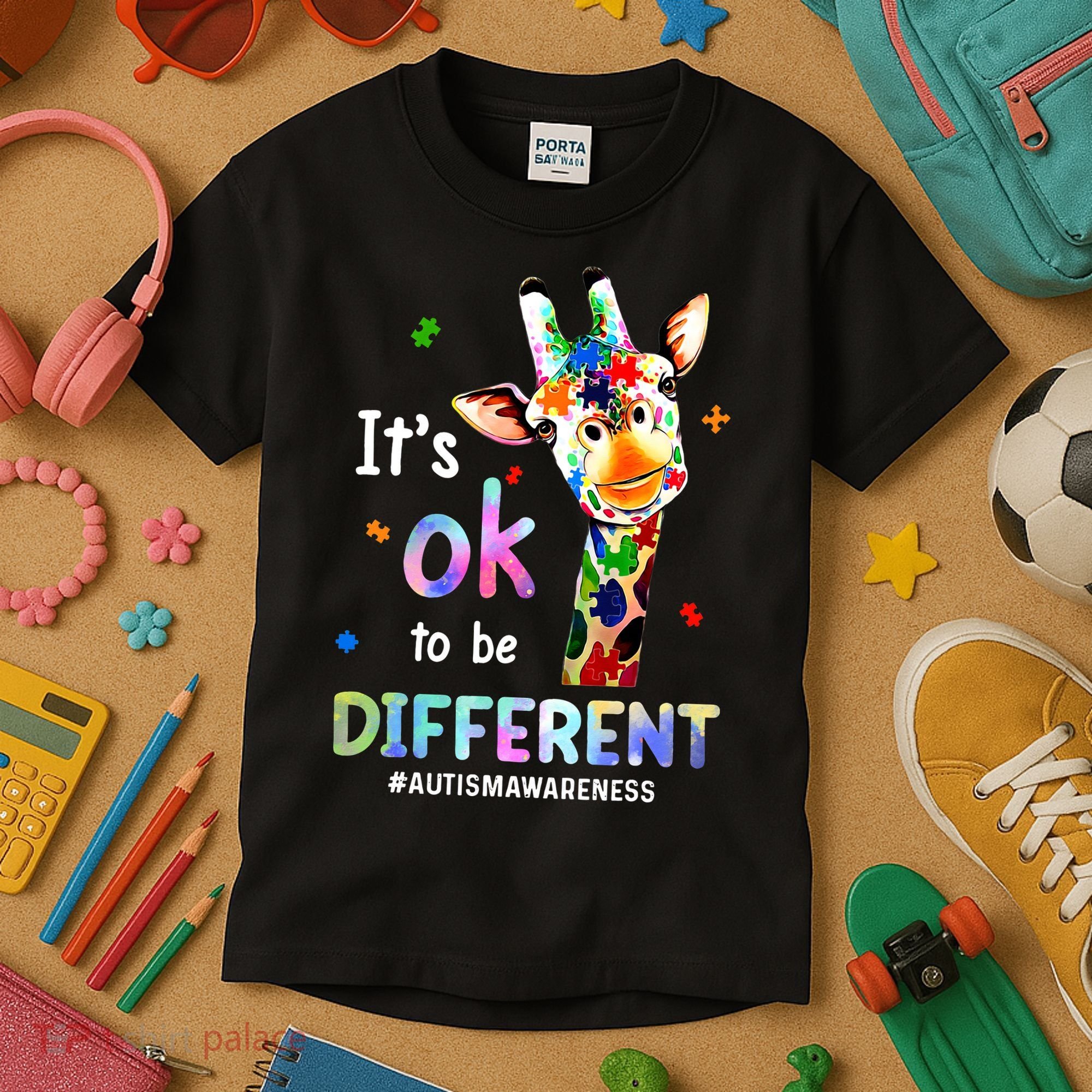 Autism Awareness Acceptance Giraffe Its Ok To Be Different Kids T-Shirt