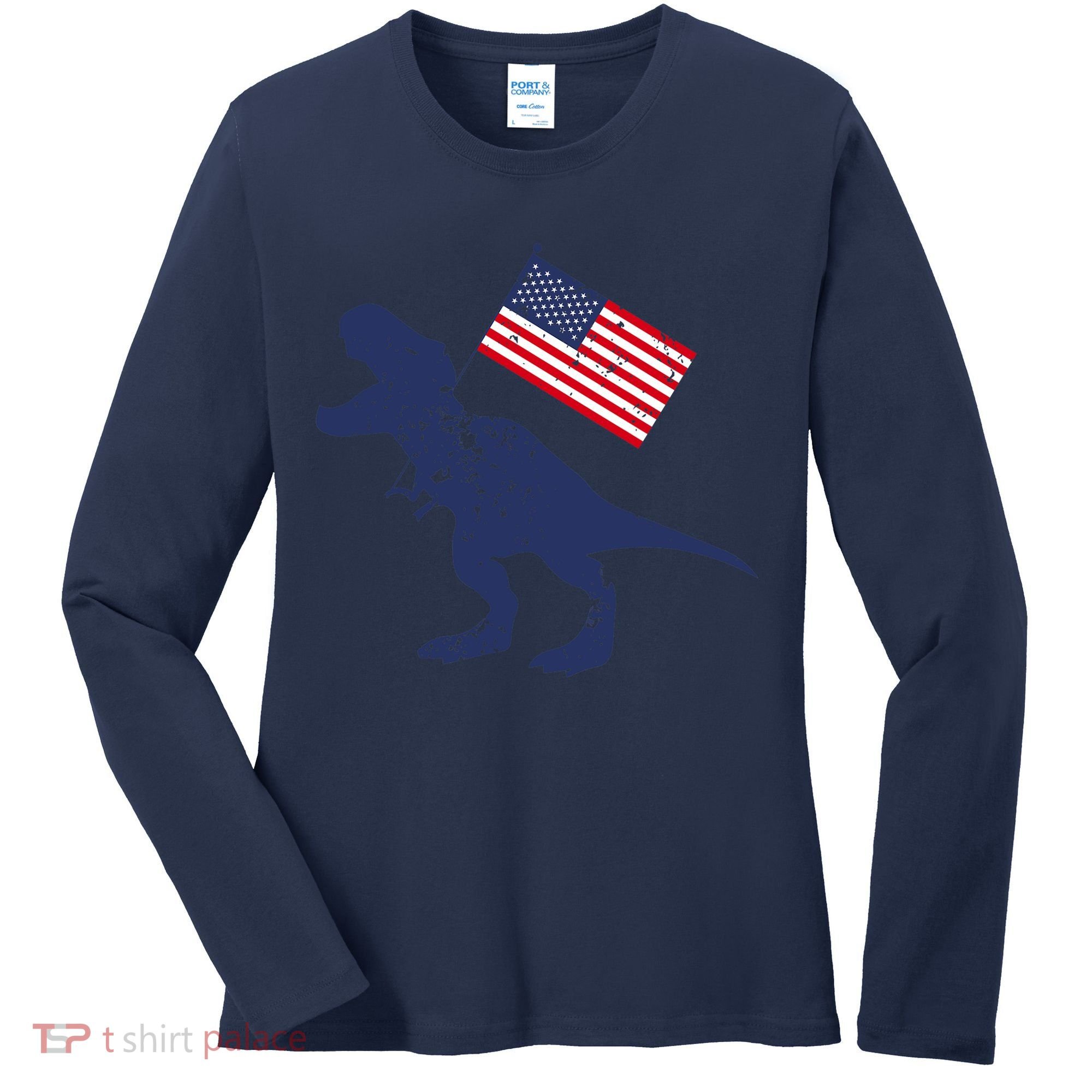 Awesome America American Dino Flag July 4th USA Dinosaur Women's Long Sleeve Shirt