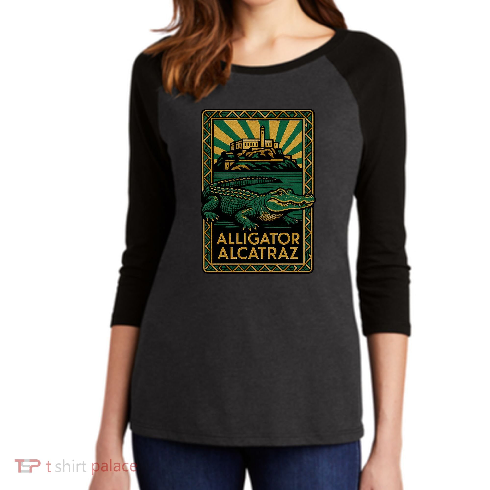 Alligator Alcatraz Art Deco Women's Tri-Blend 3/4-Sleeve Raglan Shirt
