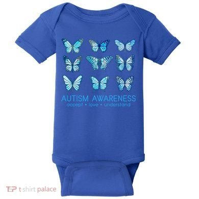 Autism Awareness Accept Love Understand Blue Butterflies Baby Bodysuit