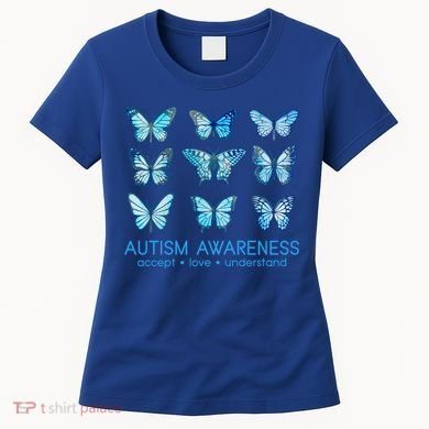 Autism Awareness Accept Love Understand Blue Butterflies Women's T-Shirt