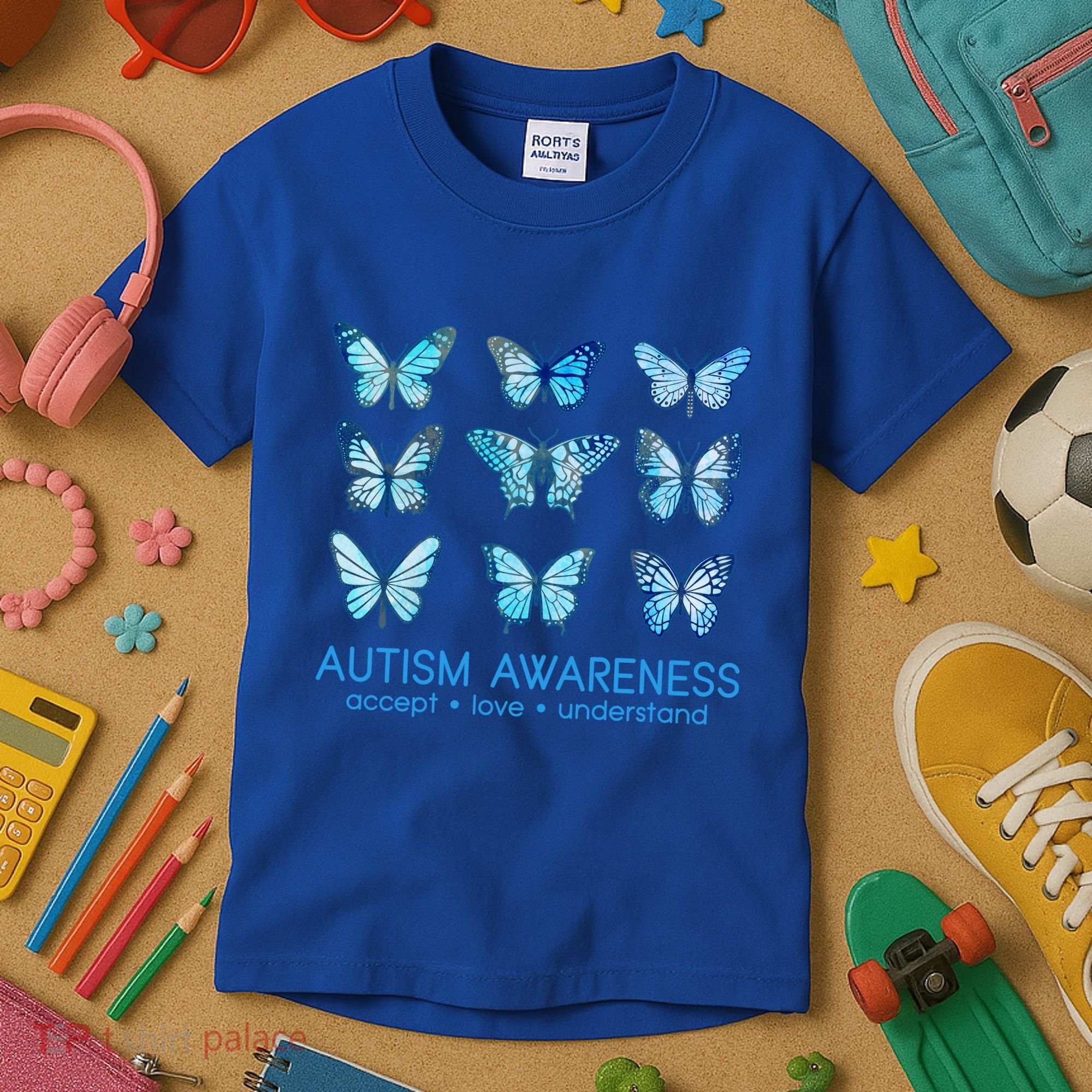 Autism Awareness Accept Love Understand Blue Butterflies Kids T-Shirt