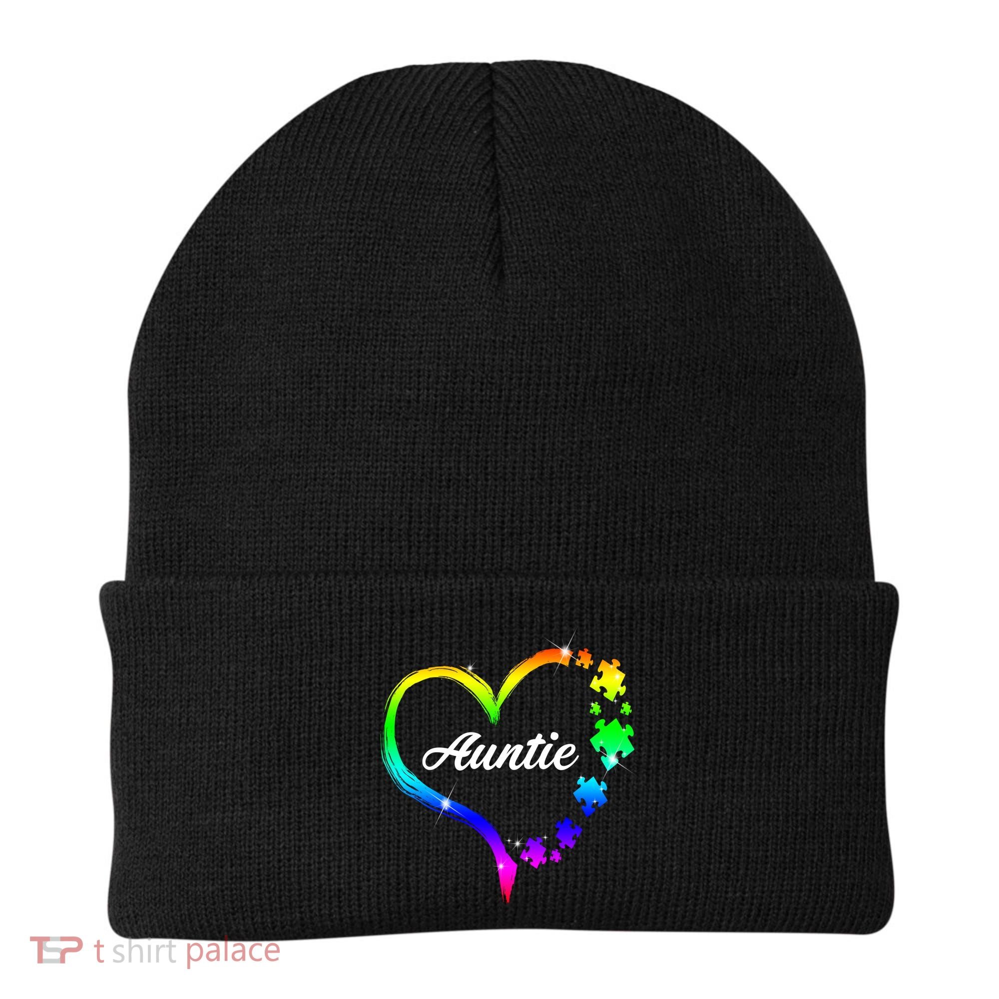 Auntie Autism Awareness Rainbow Heart Beanie