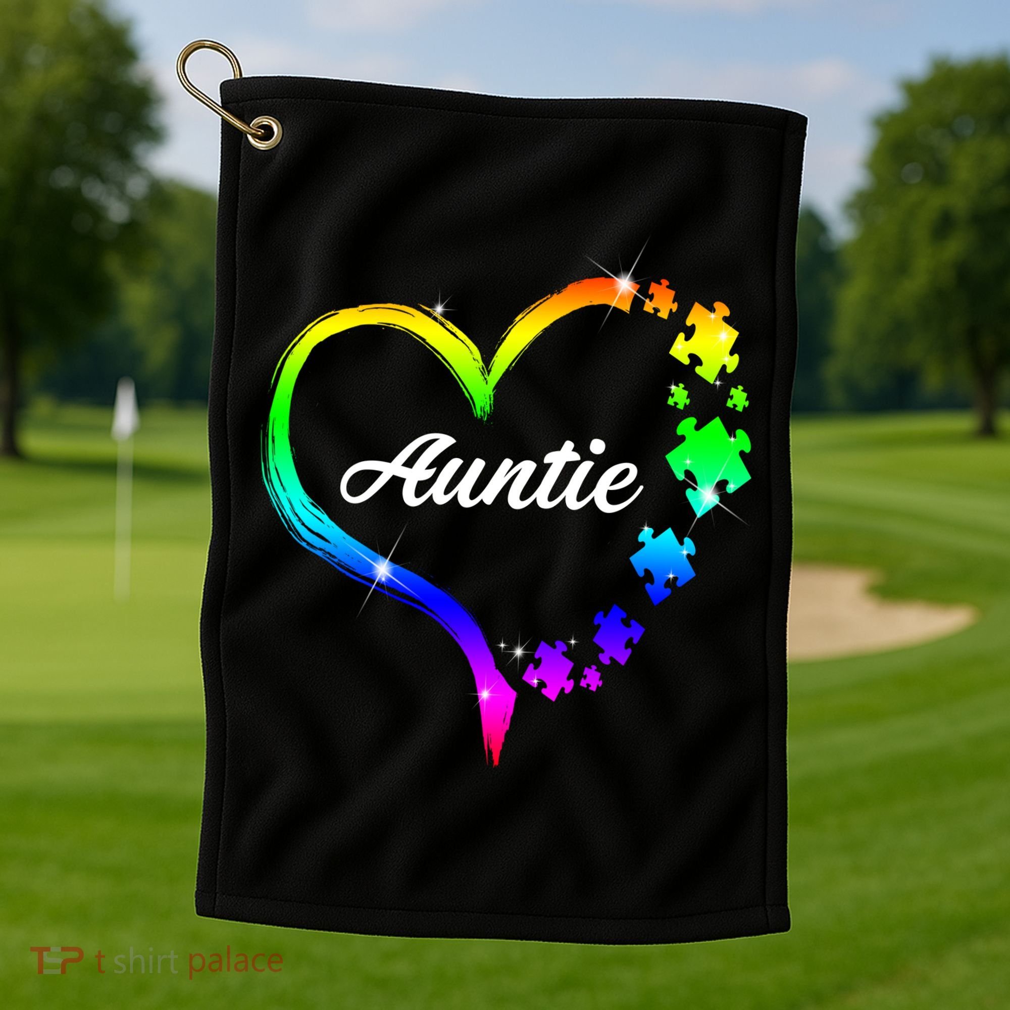 Auntie Autism Awareness Rainbow Heart Golf Towel