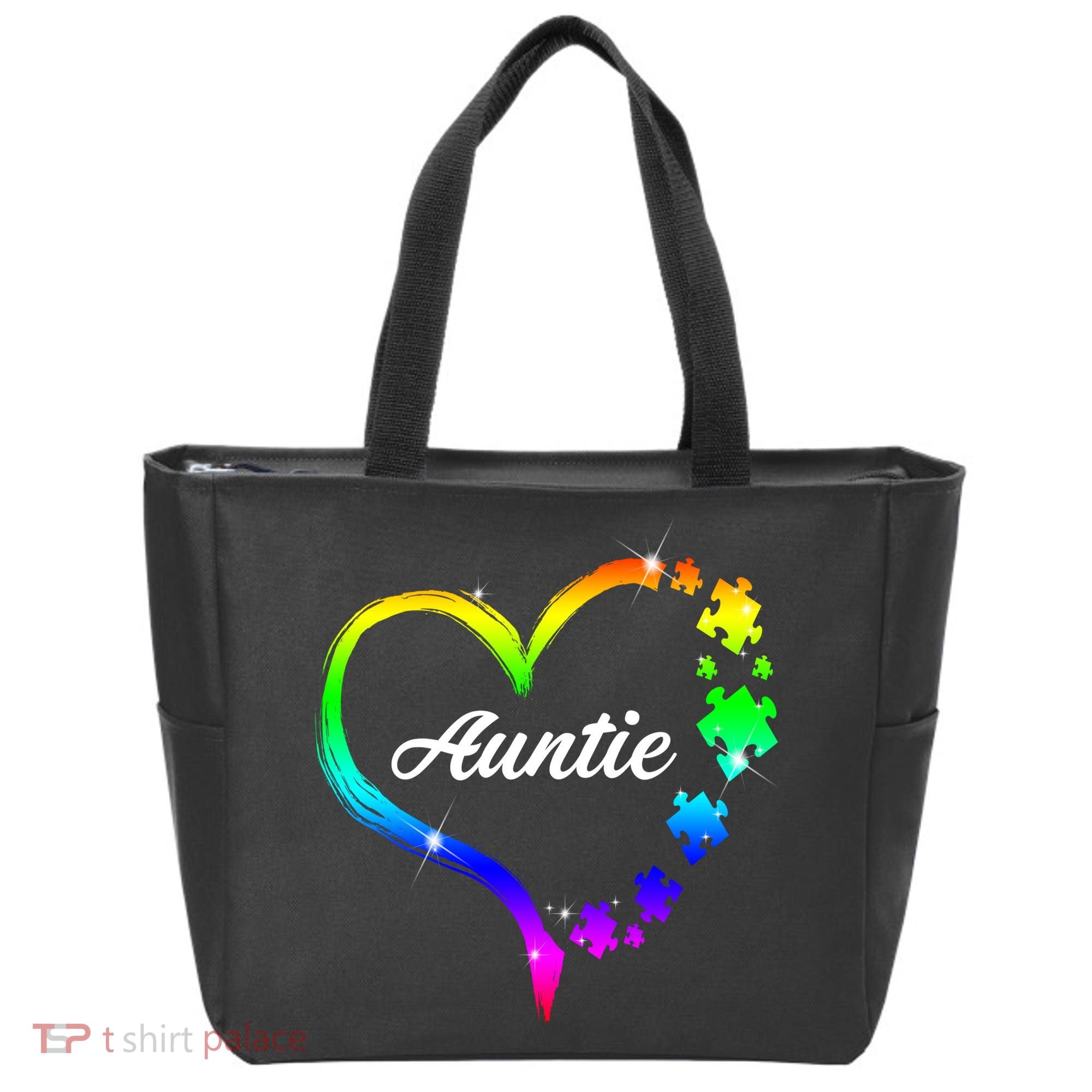 Auntie Autism Awareness Rainbow Heart Tote Bag
