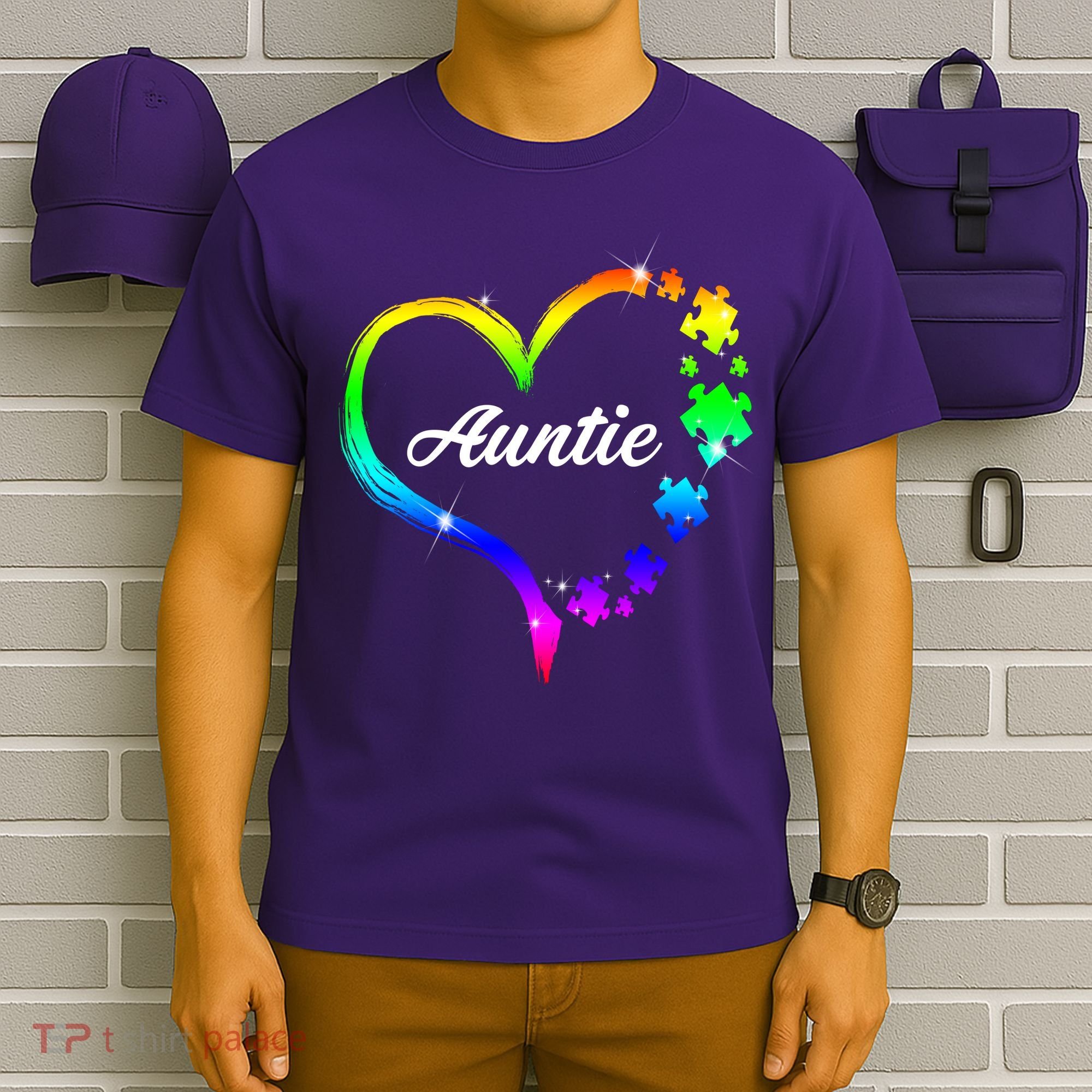 Auntie Autism Awareness Rainbow Heart T-Shirt