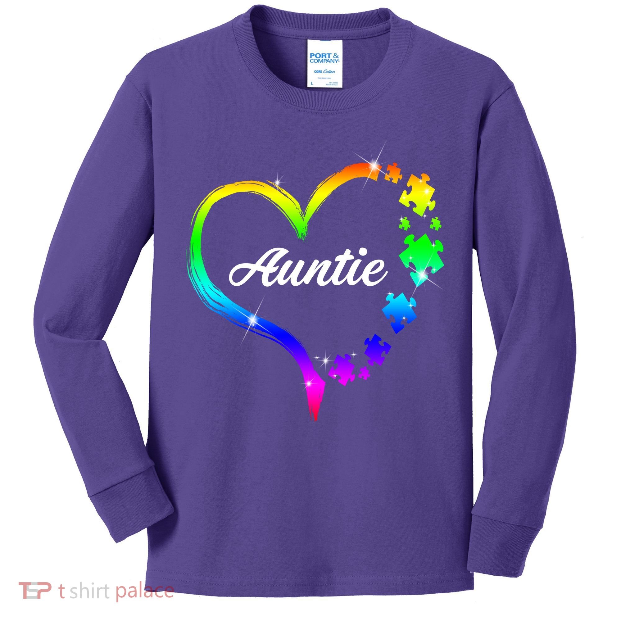 Auntie Autism Awareness Rainbow Heart Kids Long Sleeve Shirt