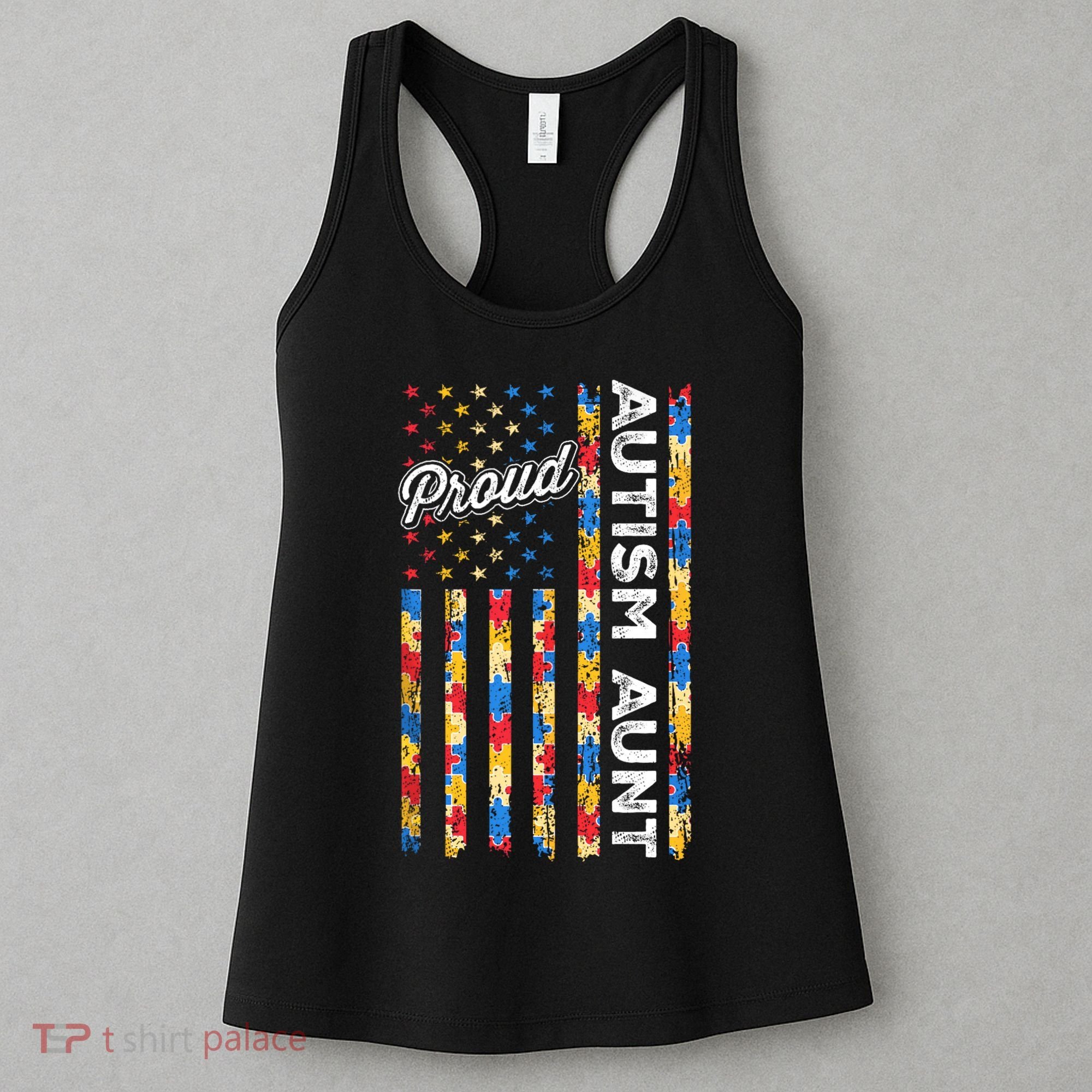 Autism Awareness Apparel USA Flag Proud Autism Aunt Autism Awareness Women's Tank Top