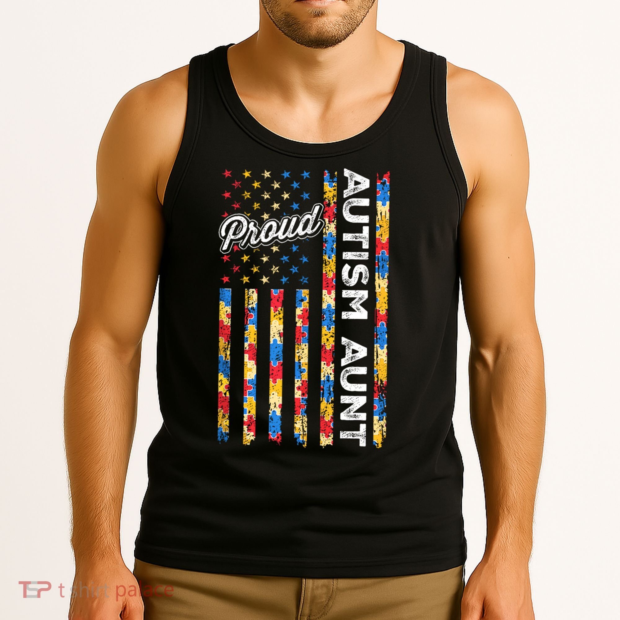 Autism Awareness Apparel USA Flag Proud Autism Aunt Autism Awareness Tank Top