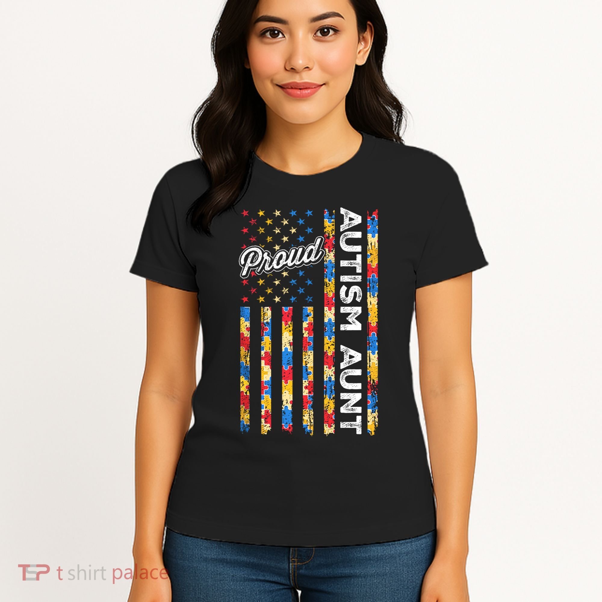 Autism Awareness Apparel USA Flag Proud Autism Aunt Autism Awareness Women's T-Shirt