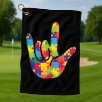 Autism Awareness ASL I Love You Puzzle Hand Golf Towel thumb 1