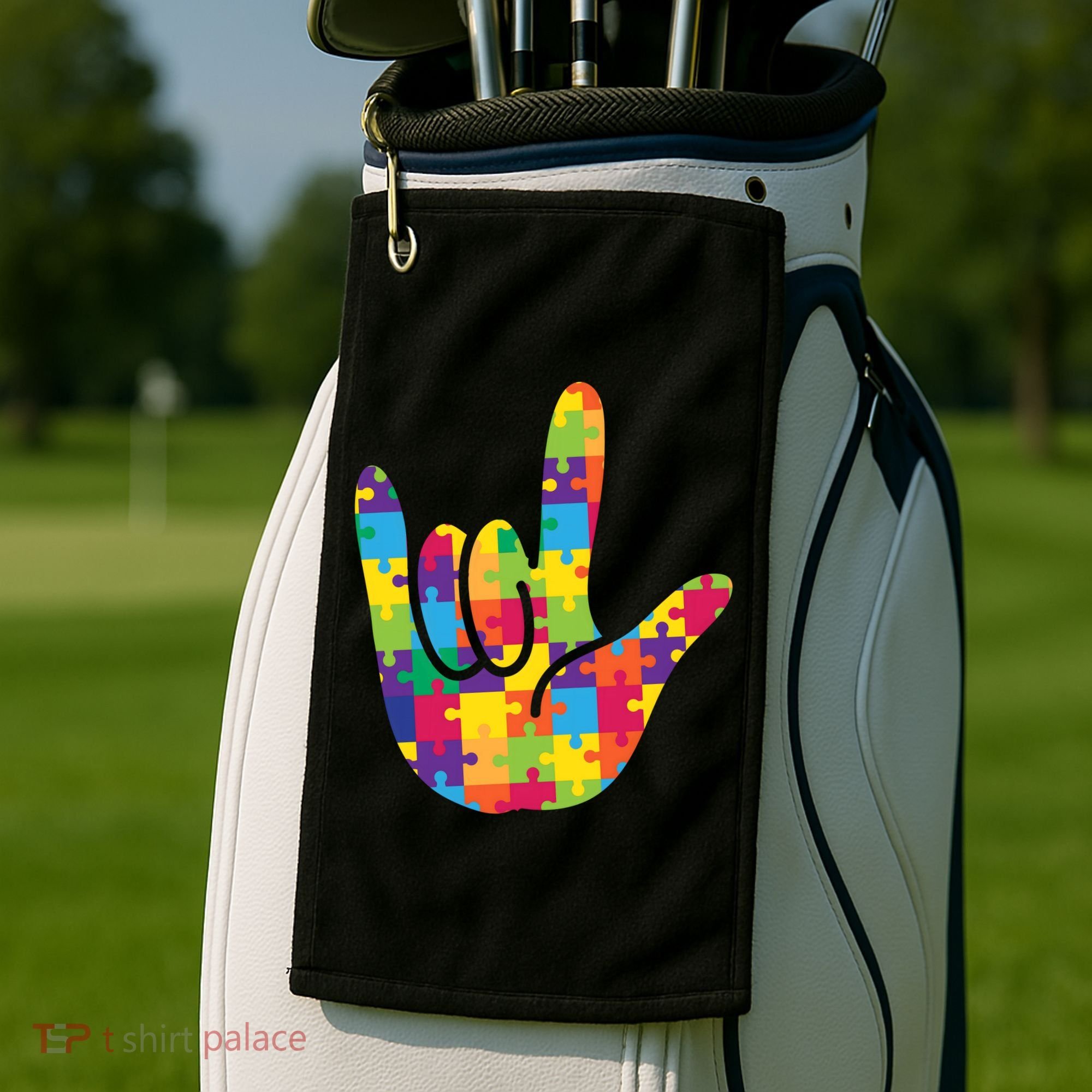 Autism Awareness ASL I Love You Puzzle Hand Golf Towel