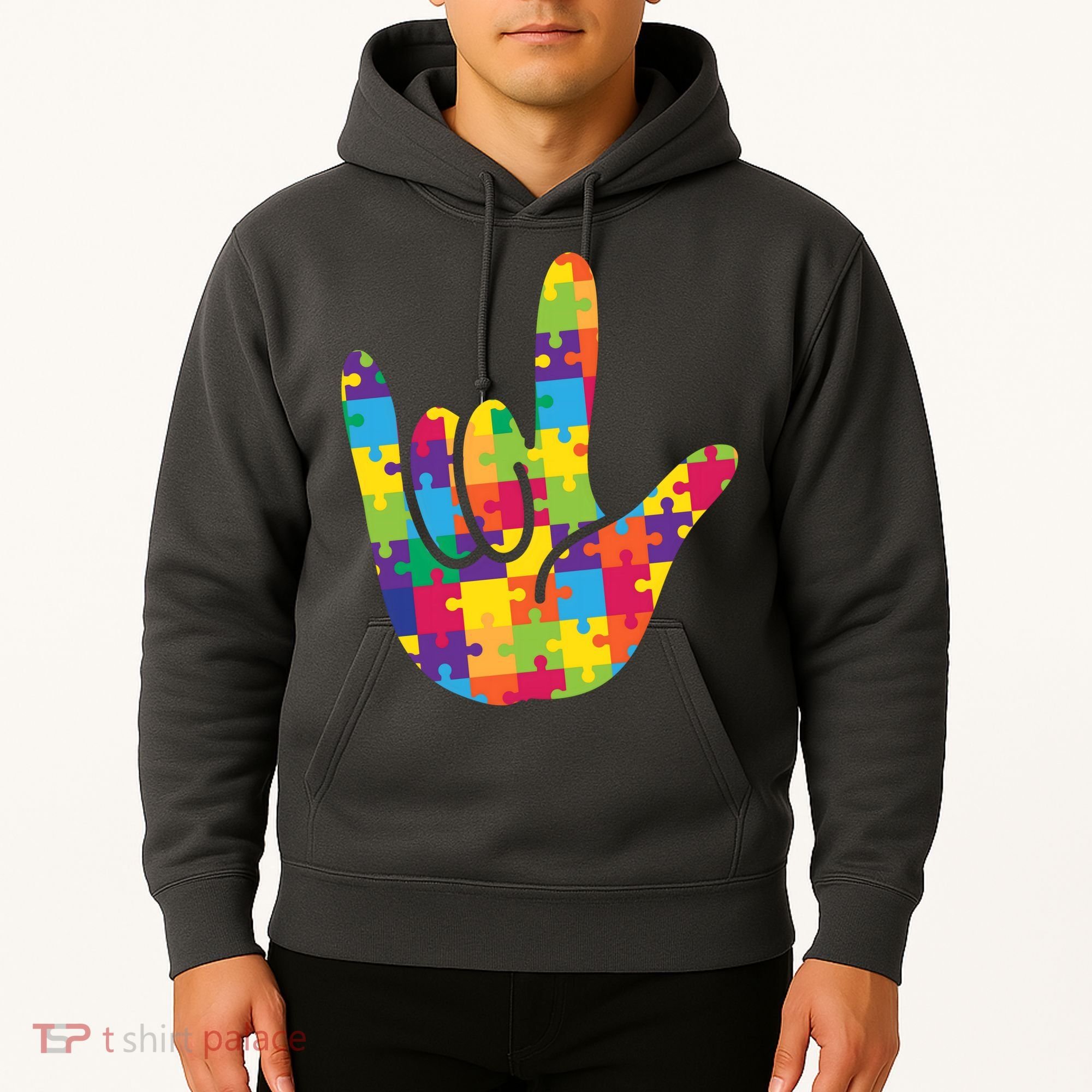Autism Awareness ASL I Love You Puzzle Hand Hoodie