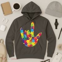 Autism Awareness ASL I Love You Puzzle Hand Hoodie thumb 3