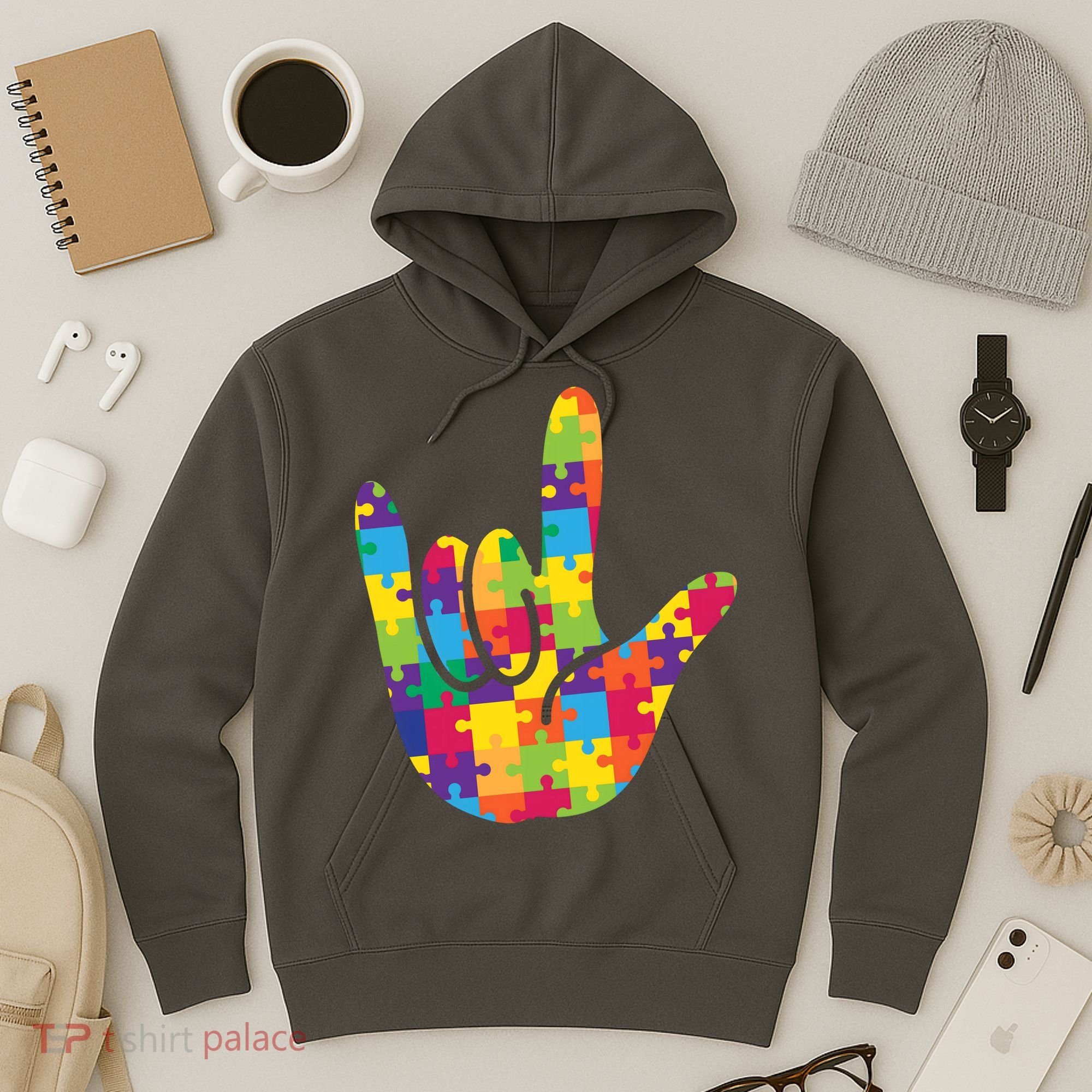 Autism Awareness ASL I Love You Puzzle Hand Hoodie