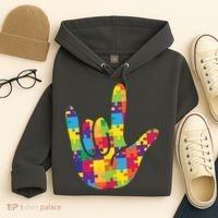 Autism Awareness ASL I Love You Puzzle Hand Hoodie thumb 4