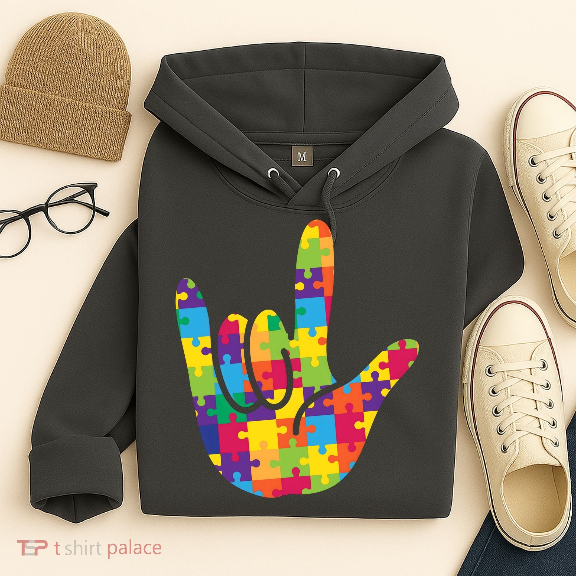 Autism Awareness ASL I Love You Puzzle Hand Hoodie