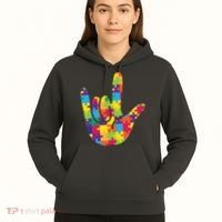 Autism Awareness ASL I Love You Puzzle Hand Hoodie thumb 5