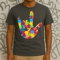 Autism Awareness ASL I Love You Puzzle Hand T-Shirt thumb 3