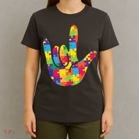 Autism Awareness ASL I Love You Puzzle Hand T-Shirt thumb 4