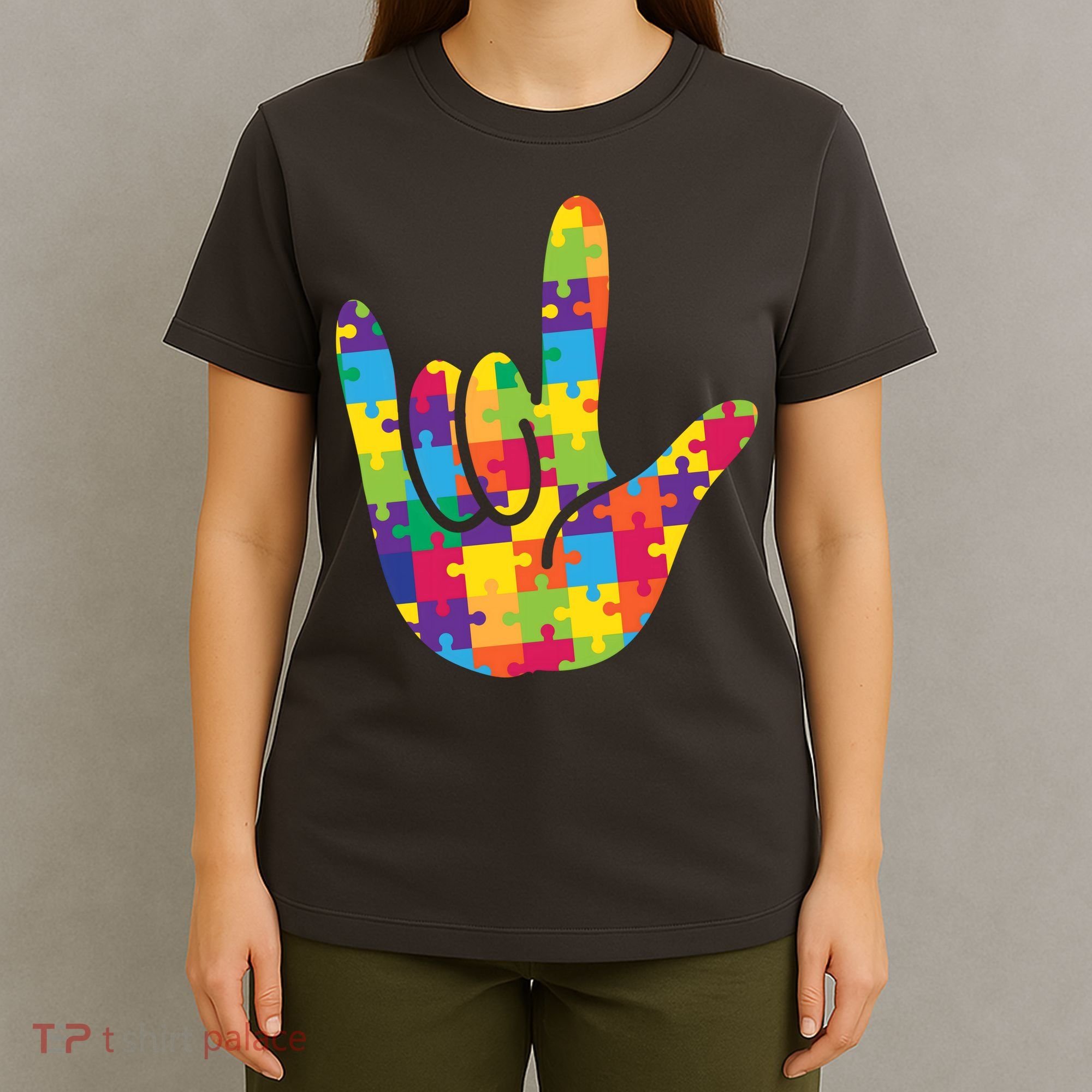 Autism Awareness ASL I Love You Puzzle Hand T-Shirt