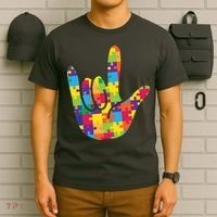 Autism Awareness ASL I Love You Puzzle Hand T-Shirt thumb 6