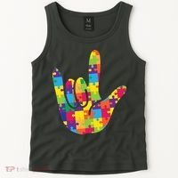 Autism Awareness ASL I Love You Puzzle Hand Tank Top thumb 2