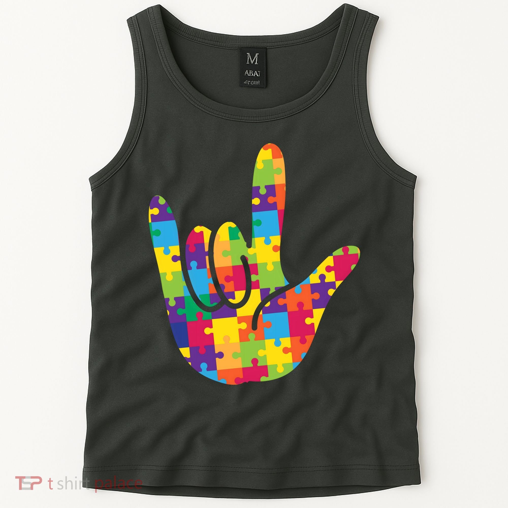 Autism Awareness ASL I Love You Puzzle Hand Tank Top