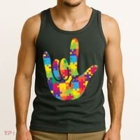 Autism Awareness ASL I Love You Puzzle Hand Tank Top thumb 3