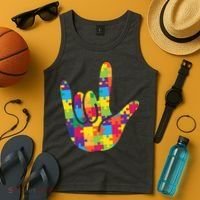 Autism Awareness ASL I Love You Puzzle Hand Tank Top thumb 4