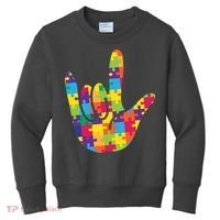Autism Awareness ASL I Love You Puzzle Hand Kids Sweatshirt thumb 0