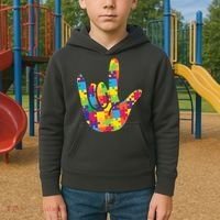 Autism Awareness ASL I Love You Puzzle Hand Kids Hoodie thumb 2
