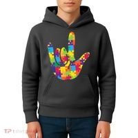 Autism Awareness ASL I Love You Puzzle Hand Kids Hoodie thumb 4