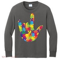 Autism Awareness ASL I Love You Puzzle Hand Kids Long Sleeve Shirt thumb 0