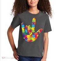 Autism Awareness ASL I Love You Puzzle Hand Kids T-Shirt thumb 2