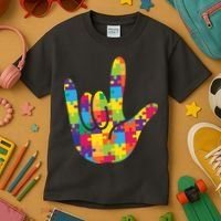Autism Awareness ASL I Love You Puzzle Hand Kids T-Shirt thumb 3