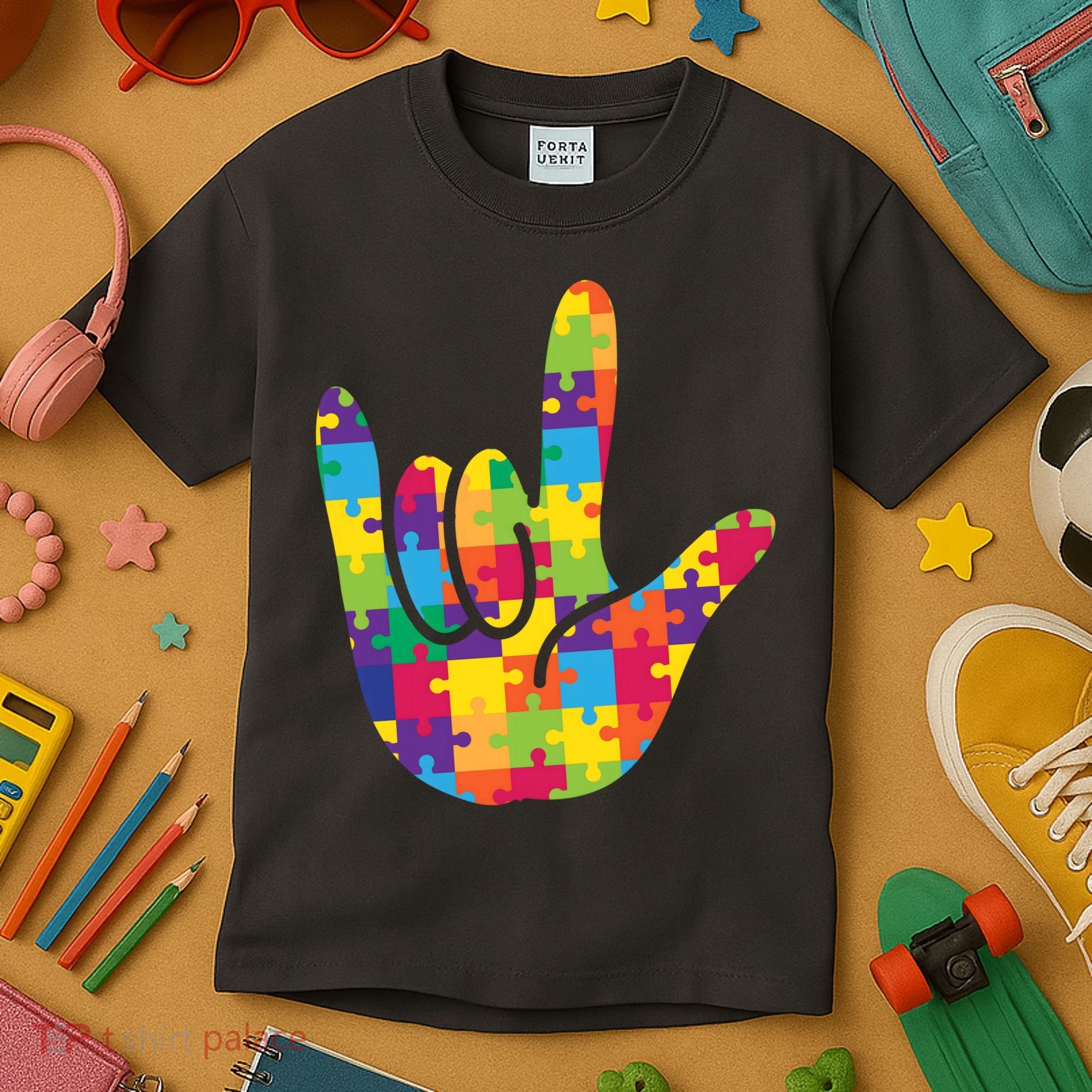 Autism Awareness ASL I Love You Puzzle Hand Kids T-Shirt