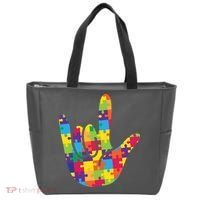 Autism Awareness ASL I Love You Puzzle Hand Tote Bag thumb 0