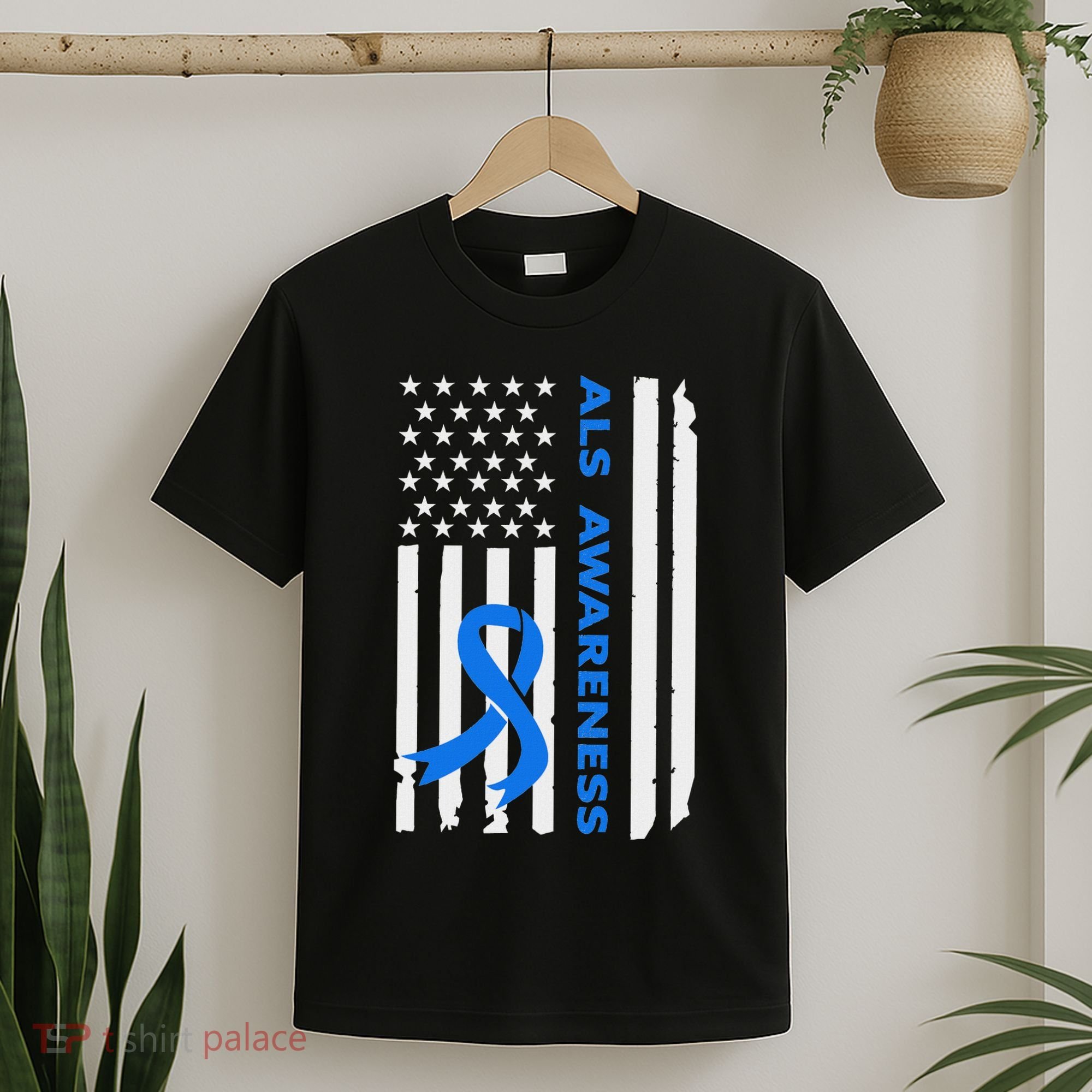 Als Awareness Blue Ribbon American Flag T-Shirt