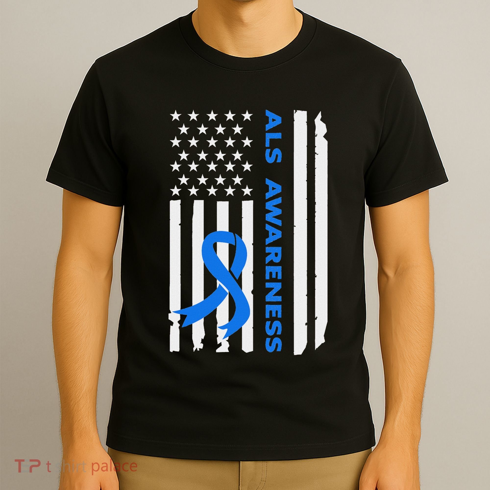 Als Awareness Blue Ribbon American Flag T-Shirt