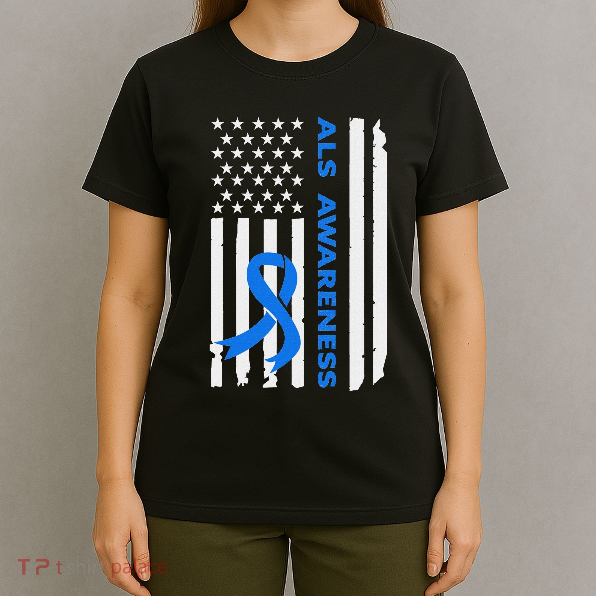 Als Awareness Blue Ribbon American Flag T-Shirt