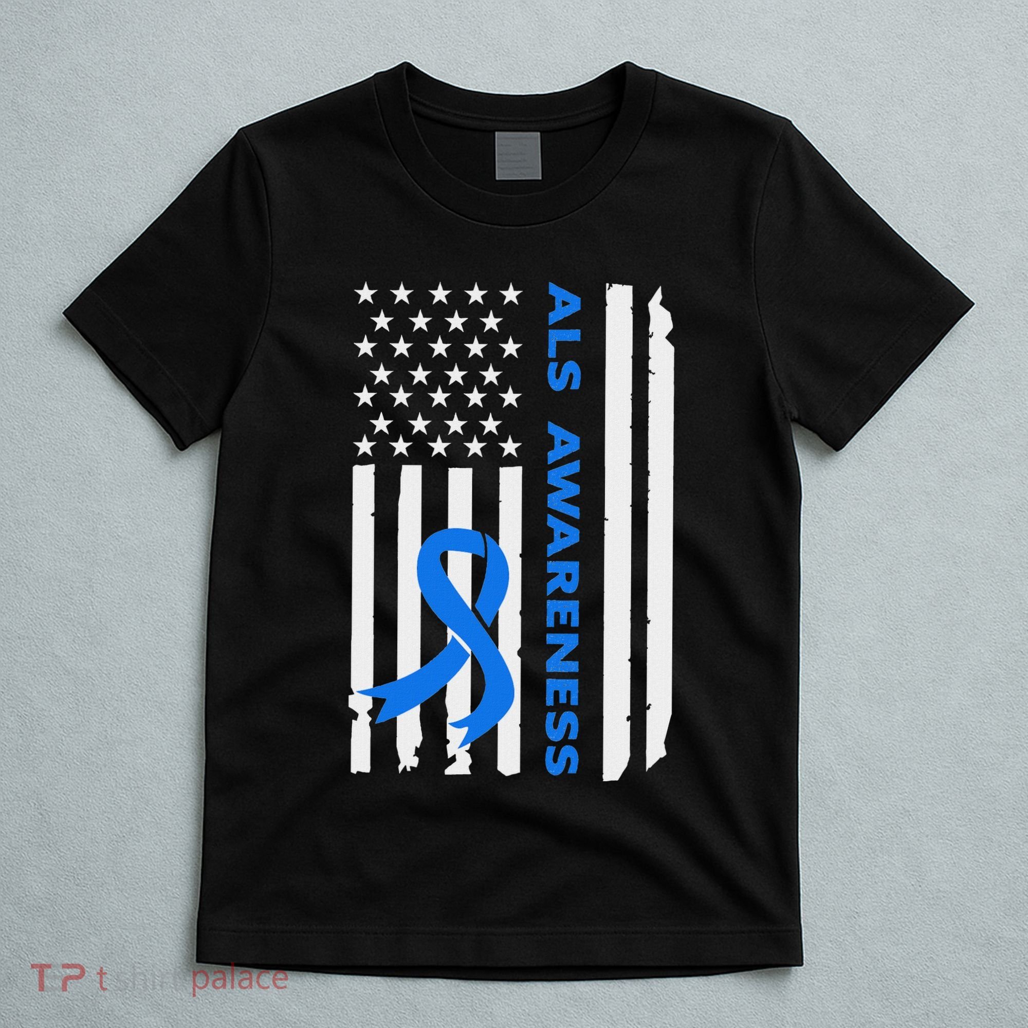 Als Awareness Blue Ribbon American Flag T-Shirt