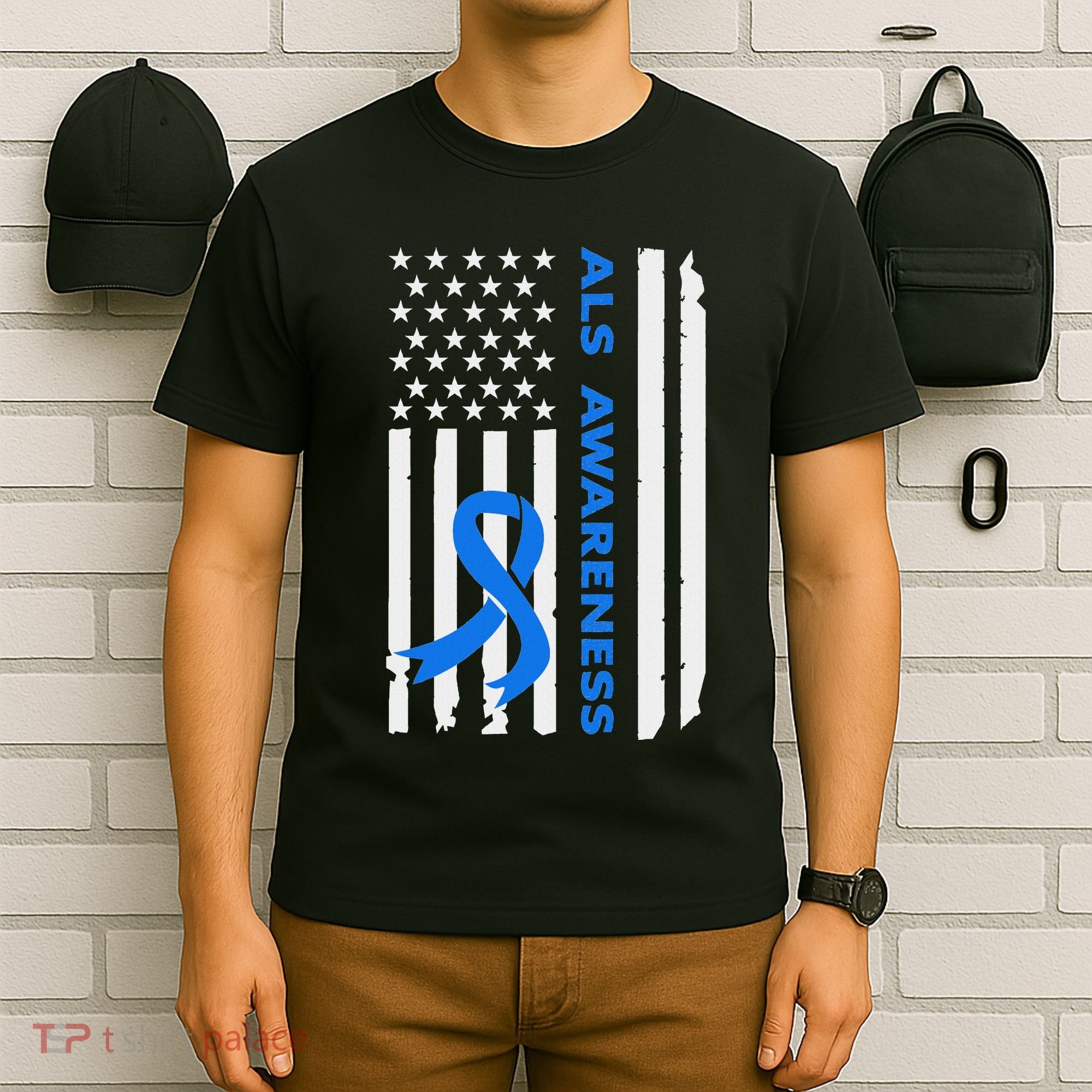 Als Awareness Blue Ribbon American Flag T-Shirt
