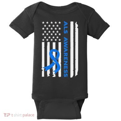 Als Awareness Blue Ribbon American Flag Baby Bodysuit